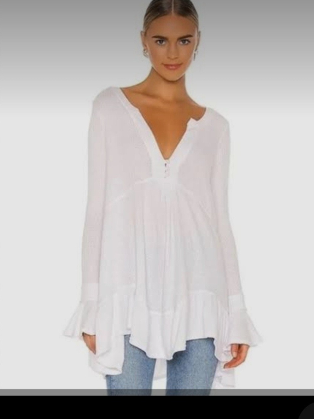 Free People White V-Neck Ruffle-Hem Peasant Tunic